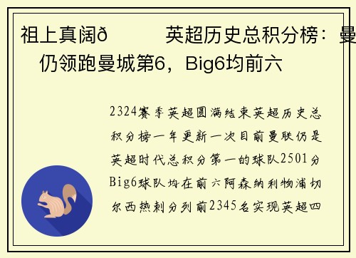 祖上真阔😈英超历史总积分榜:曼联仍领跑曼城第6,Big6均前六